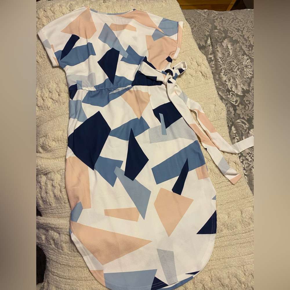 L | Geometric Print Dress in Navy, Light Blue & Blush
